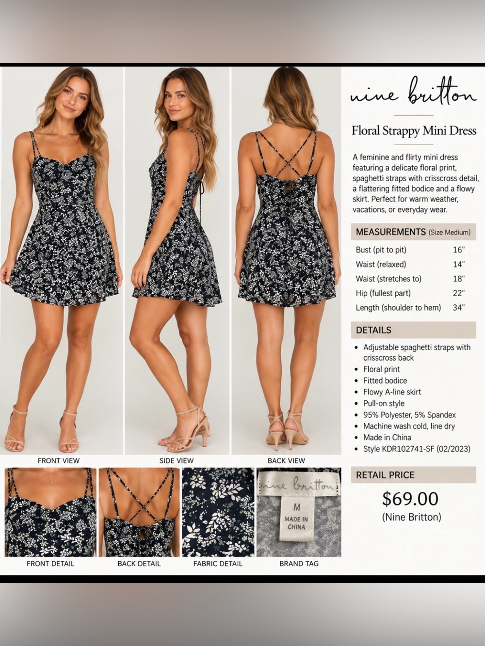 nine britton Dark Navy, Floral Crisscross Mini Dress, Size M